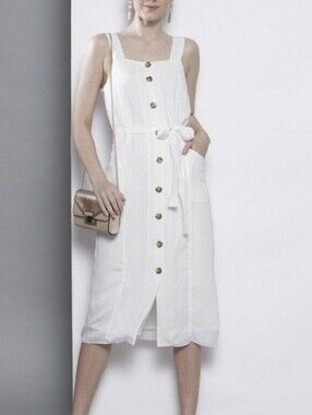 Smocked White Midi Sundress with Self-Tie Waist
